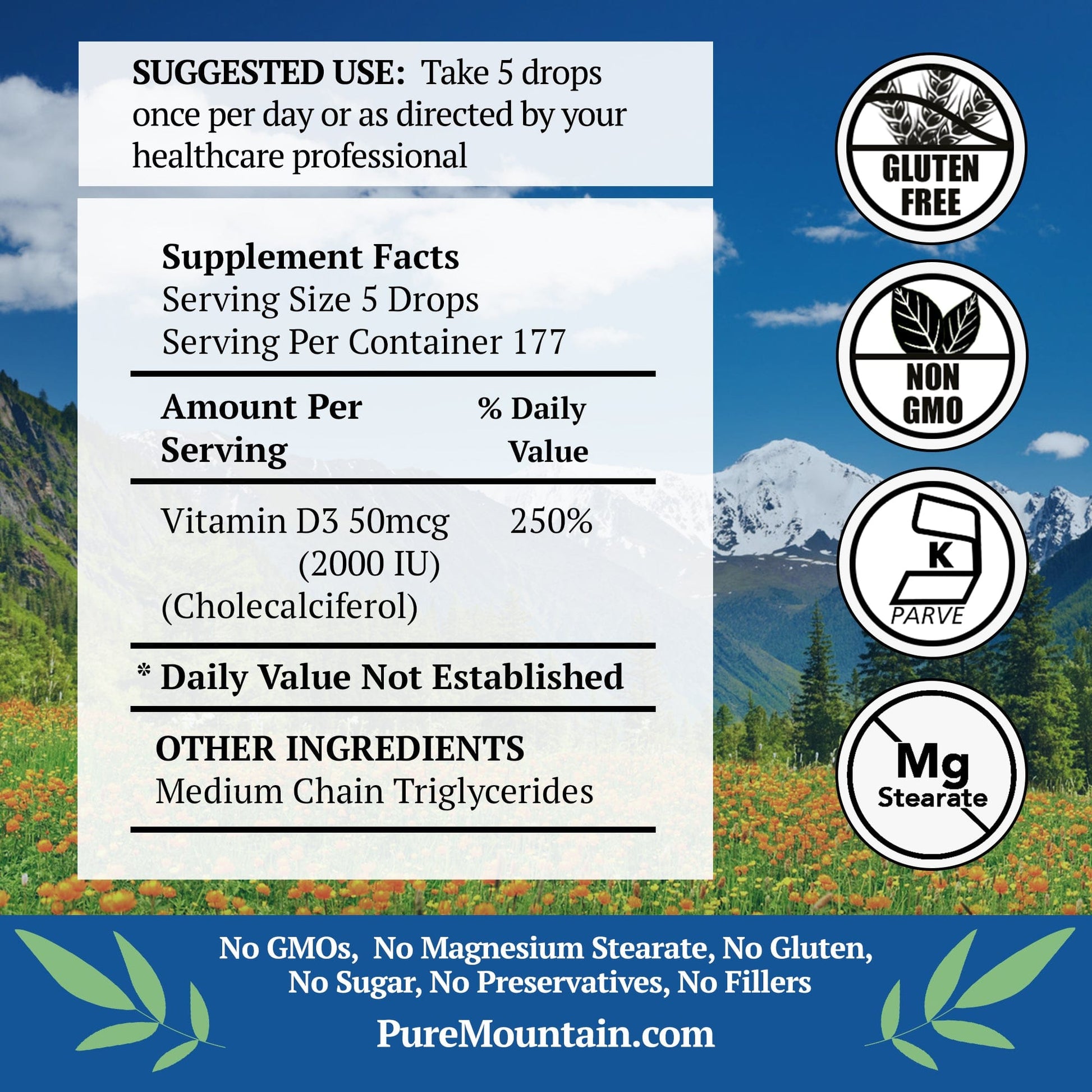 Pure Mountain Botanicals Vitamin Liquid Vitamin D Drops - Unflavored Kosher D3 Liquid Drops in MCT Oil - 2000iu per Serving - 1oz Bottle