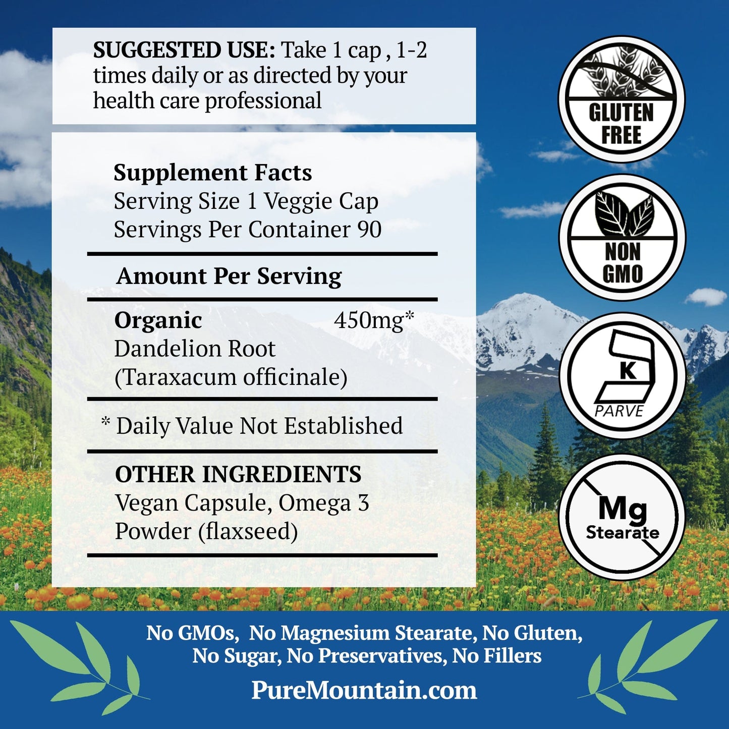 Pure Mountain Botanicals Supplement Dandelion Root Capsules - 90 Organic Kosher Veggie Caps