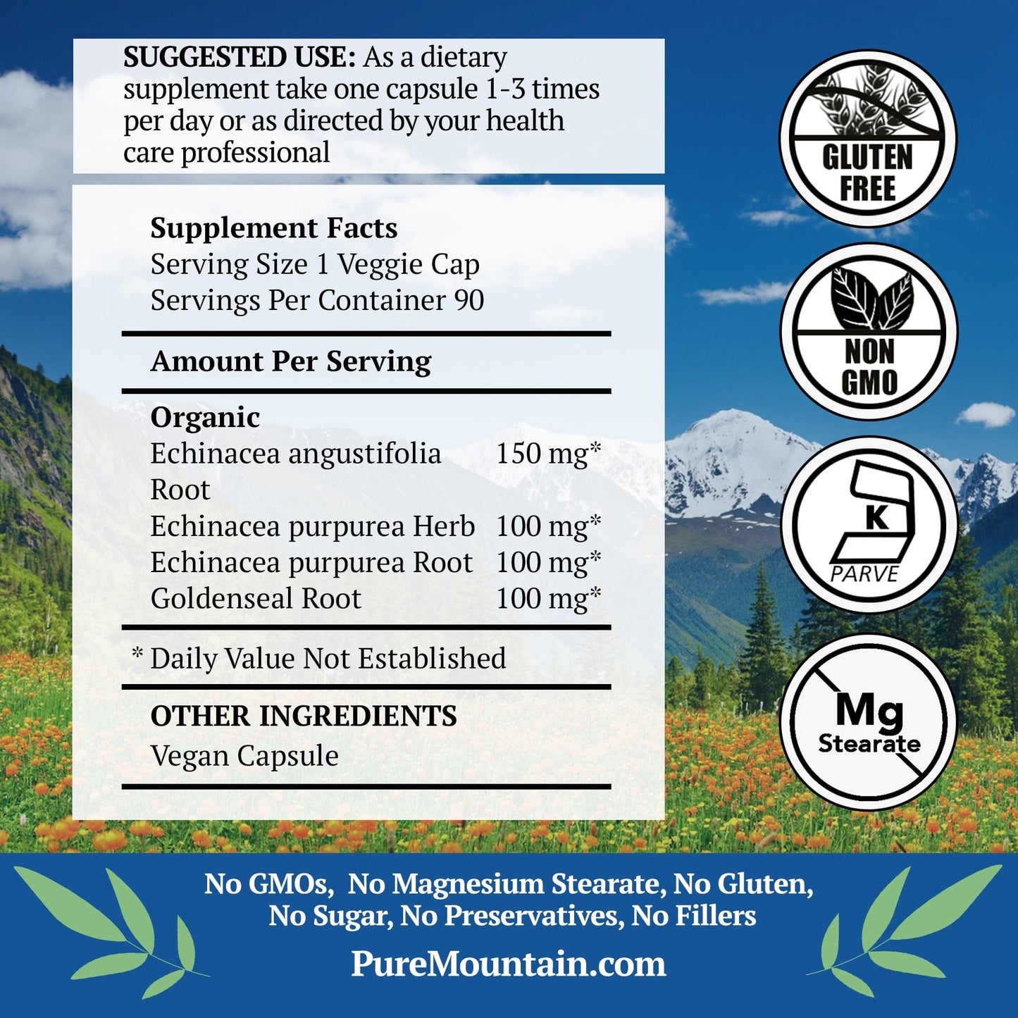 Pure Mountain Botanicals Supplement Echinacea Goldenseal Capsules - 90 Kosher Veggie Caps with Organic Echinacea Goldenseal