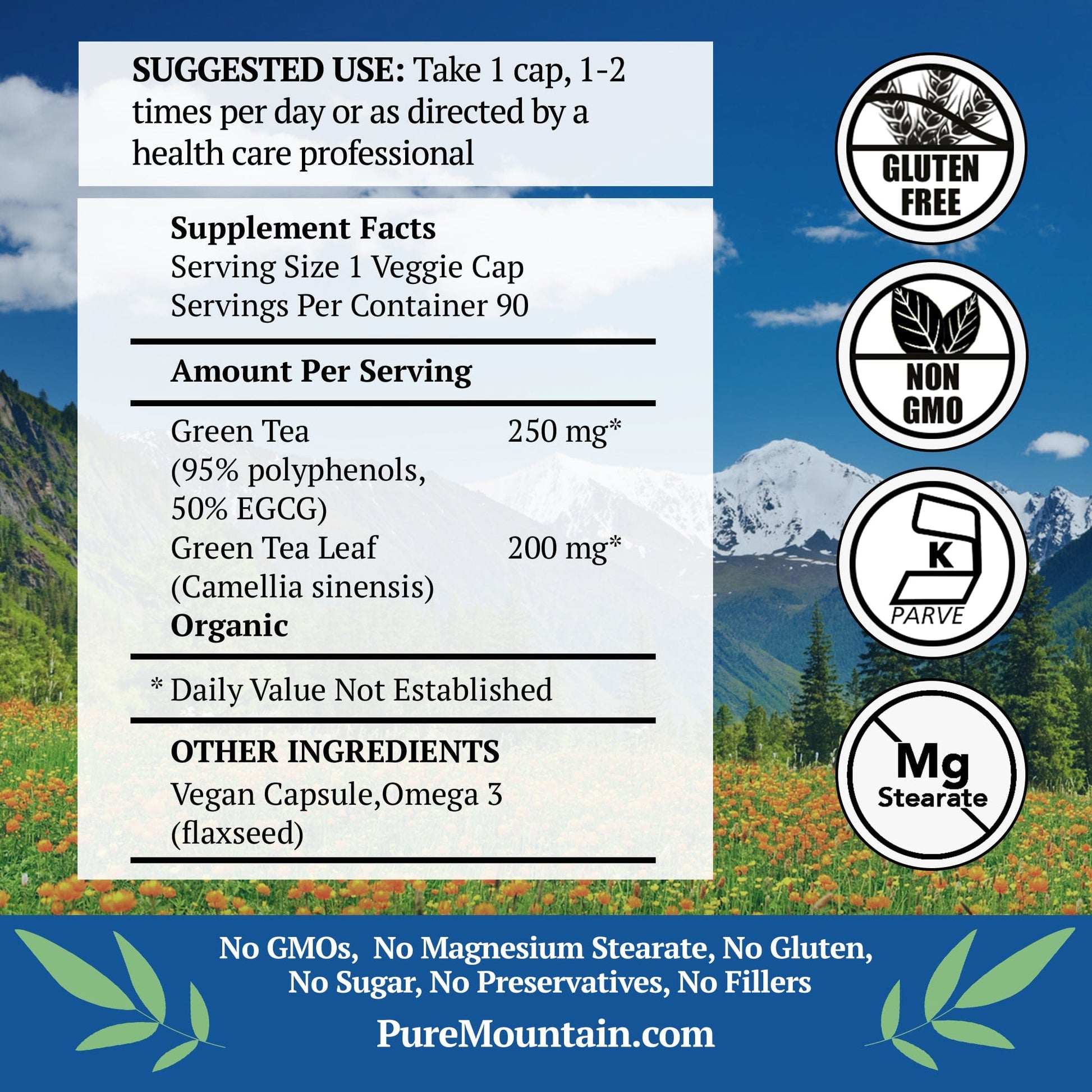 Pure Mountain Botanicals Supplement Green Tea Capsules - 90 Kosher Veggie Caps