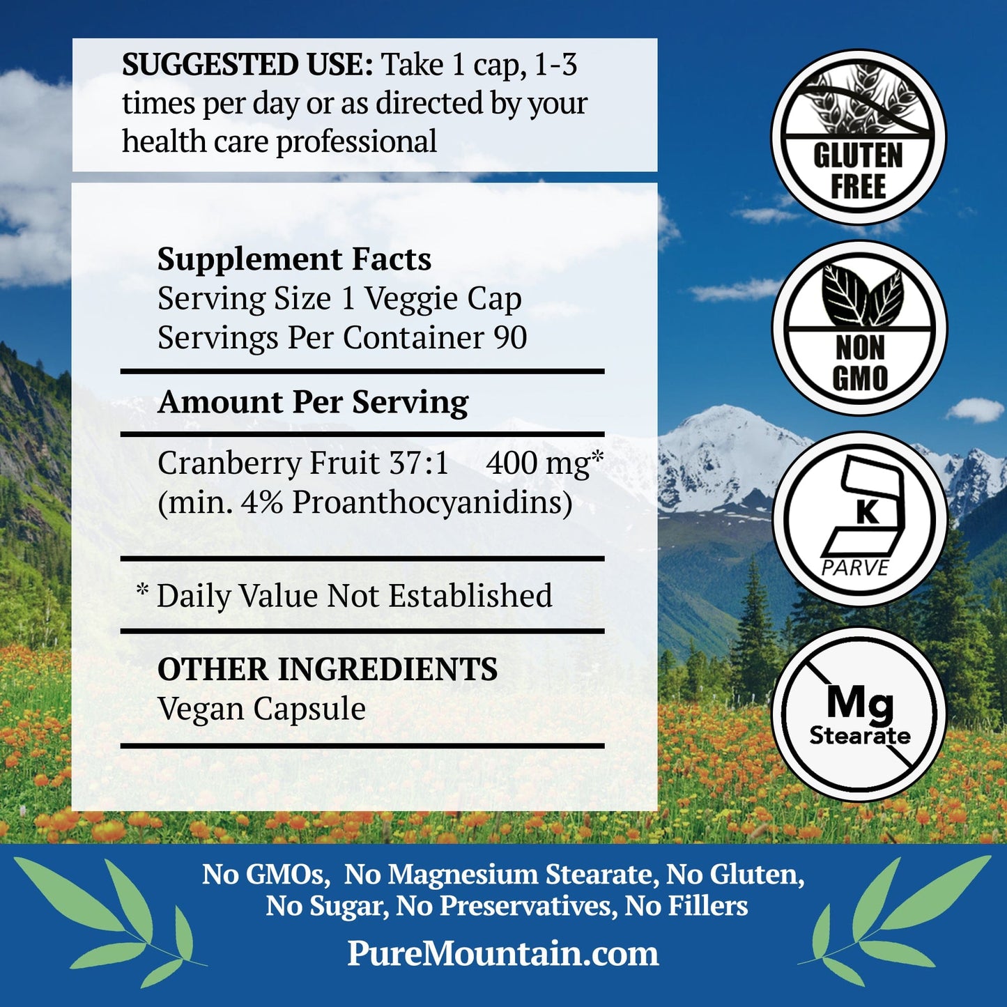 Pure Mountain Botanicals Supplement Cranberry Capsules - High Potency 90 Kosher Veggie Caps