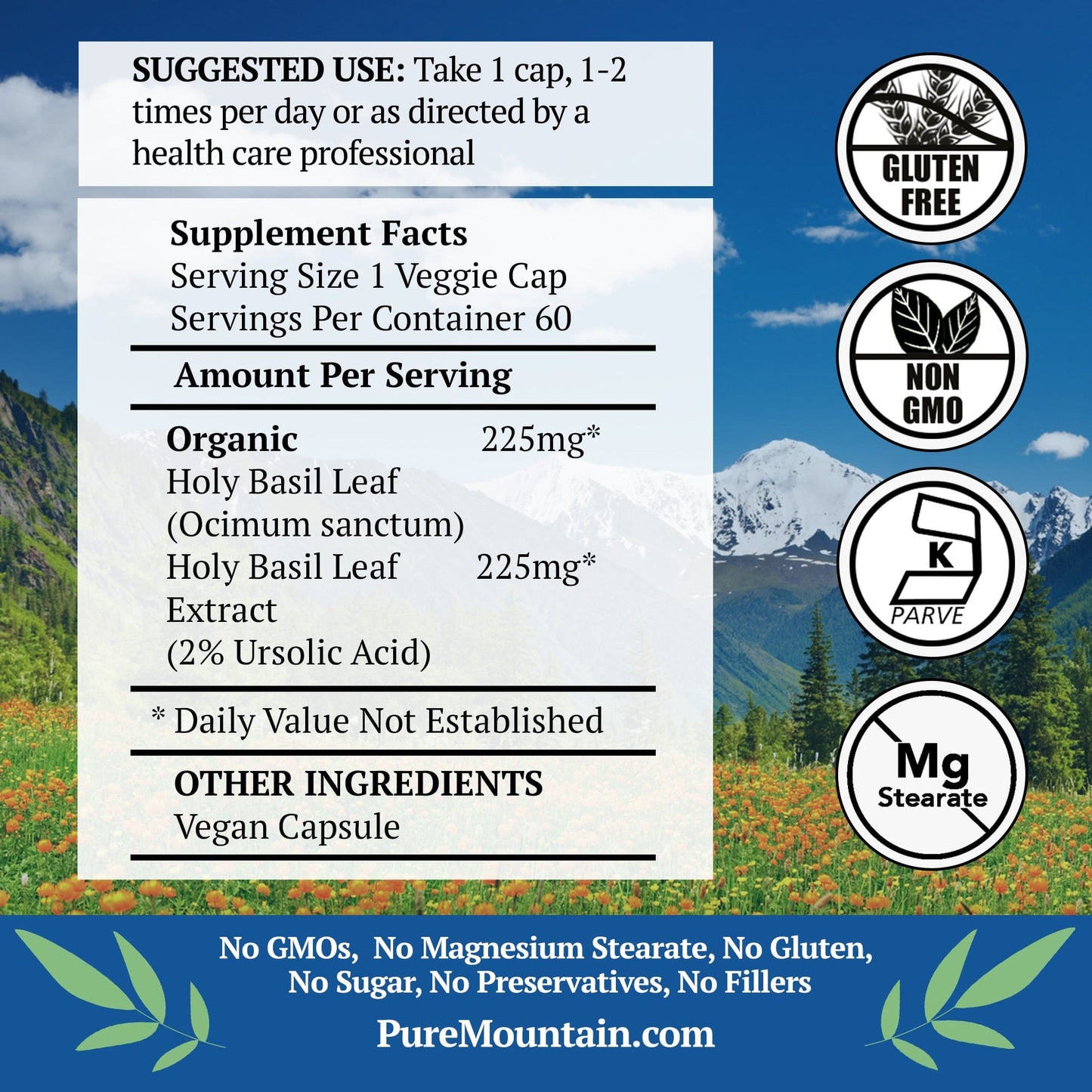 Pure Mountain Botanicals Supplement Holy Basil Capsules - 60 Kosher Veggie Caps