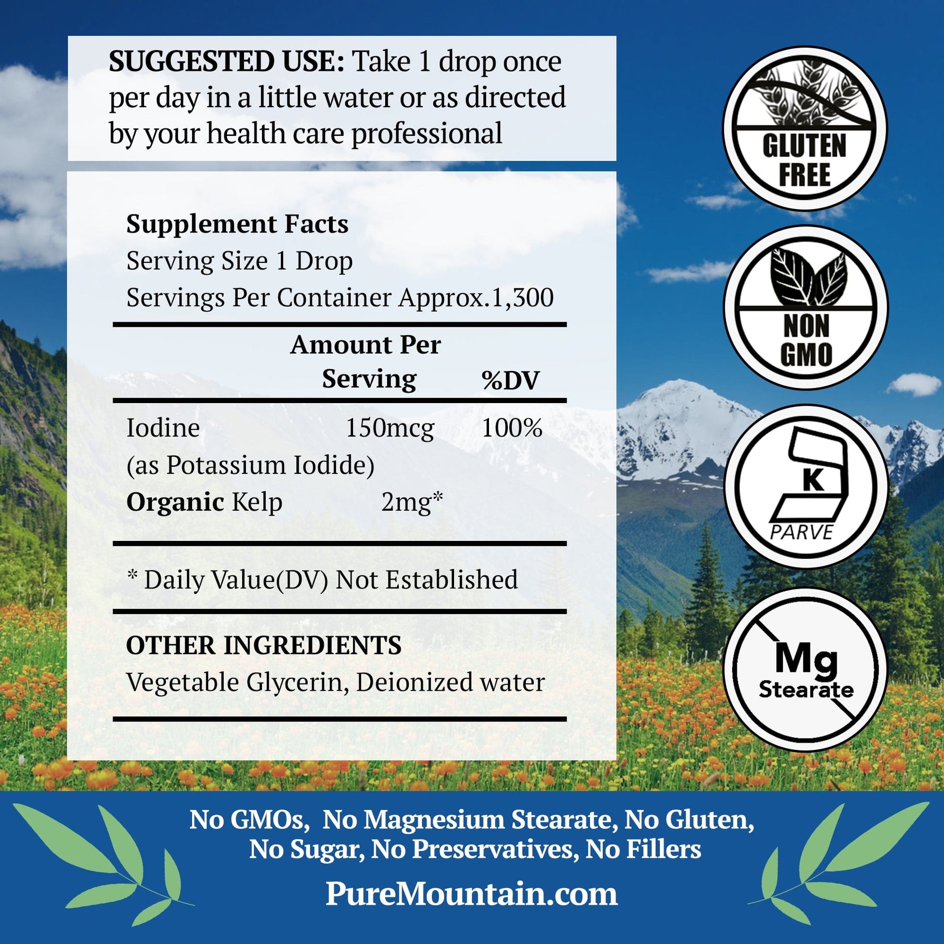 Pure Mountain Botanicals Supplement Liquid Iodine Supplement with Organic Kelp - 1300 Kosher/Vegan Servings - 2 Fl Oz Bottle