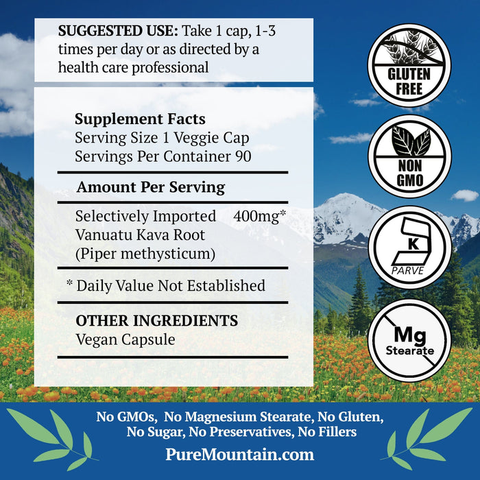 Pure Mountain Botanicals Supplement Kava Kava Capsules - 90 Kosher Veggie Caps