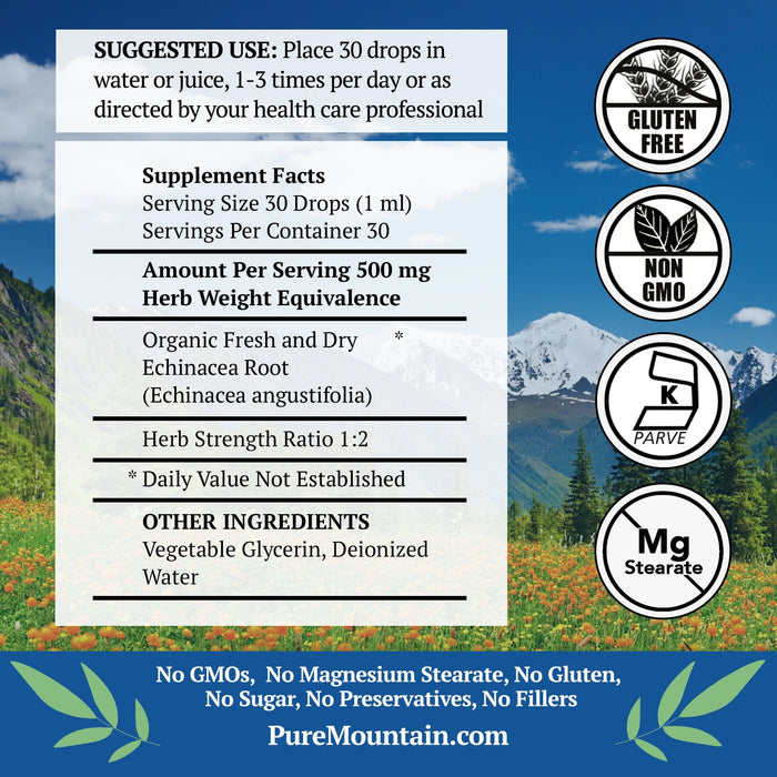 Pure Mountain Botanicals Supplement Liquid Echinacea Drops – Kosher Echinacea Tincture Alcohol Free Extract - 500mg Echinacea -1oz Bottle