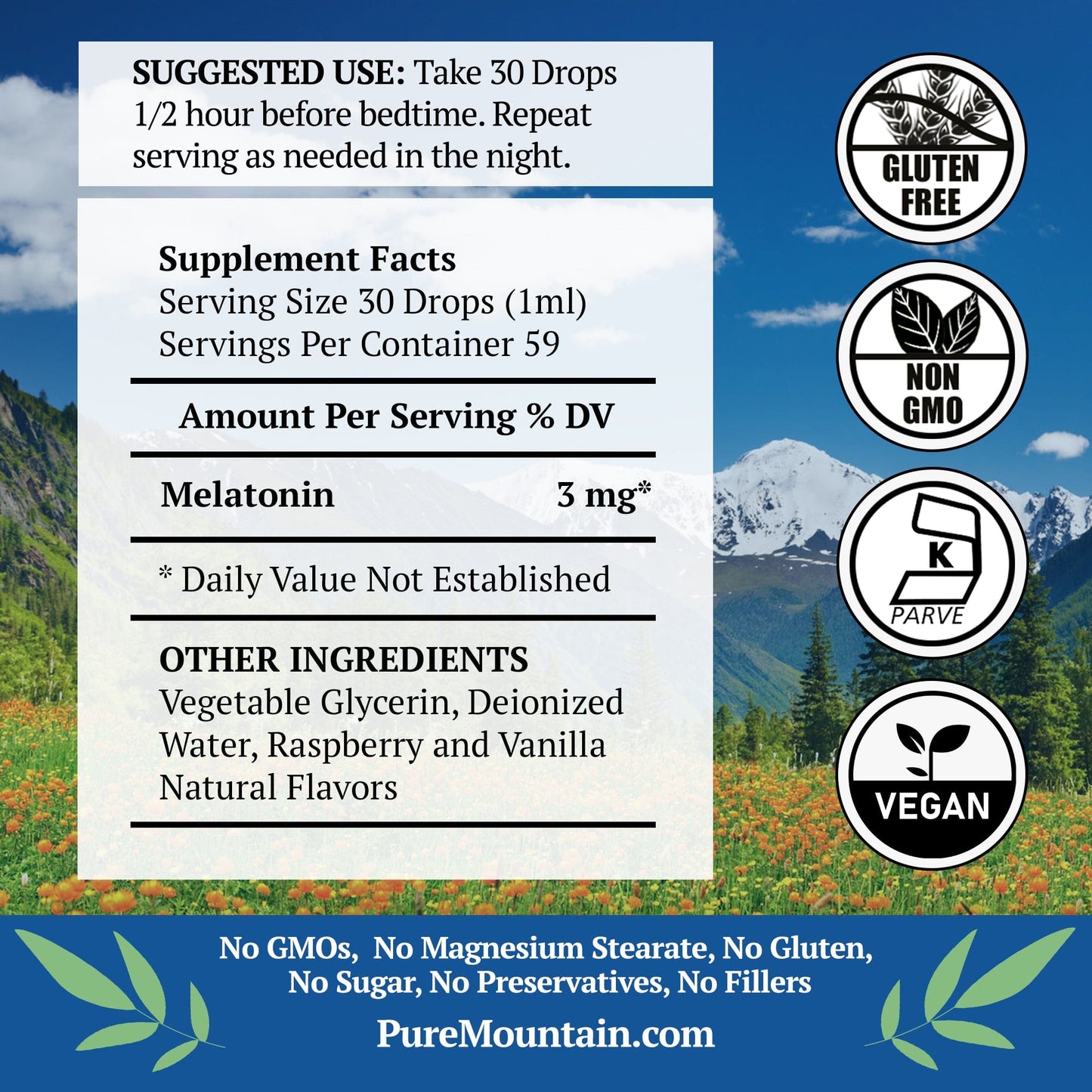 Pure Mountain Botanicals Supplement Melatonin Liquid 3mg – Raspberry and Vanilla Flavor Sublingual Drops