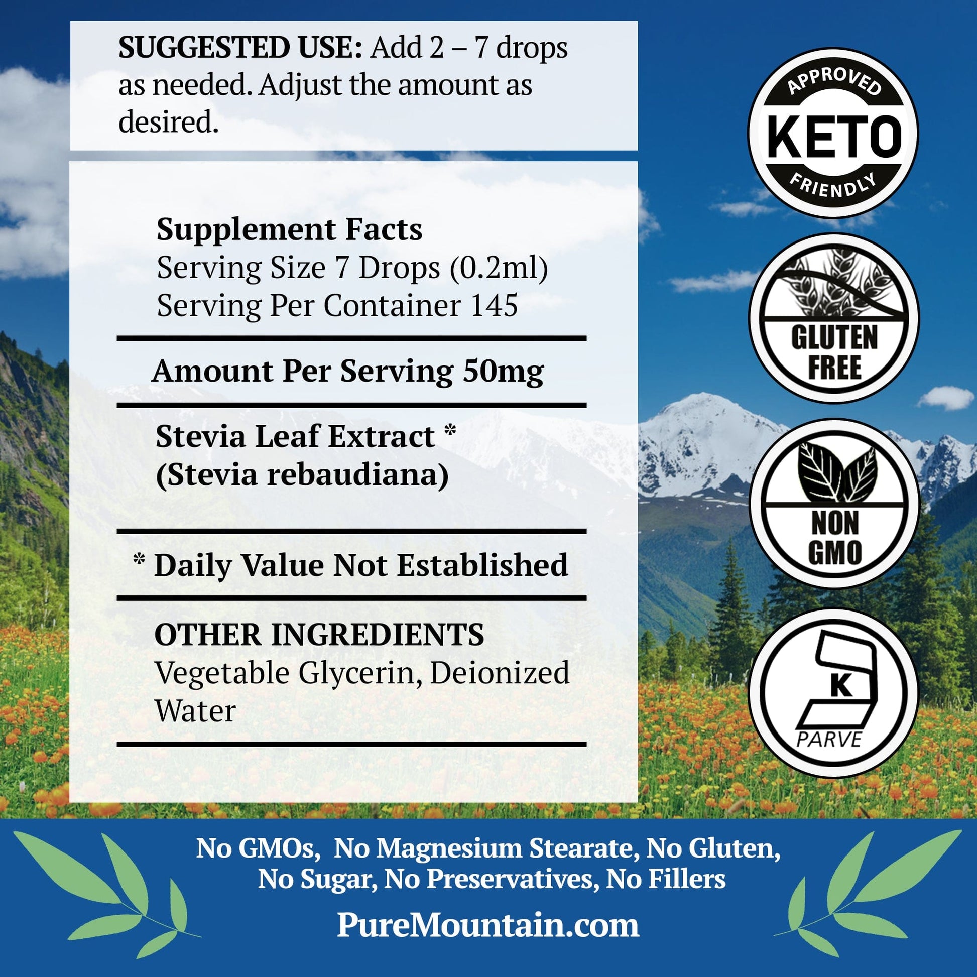 Pure Mountain Botanicals Sugar Substitute Liquid Stevia Drops – Alcohol Free and Kosher Sugar Substitute - Glass Bottle