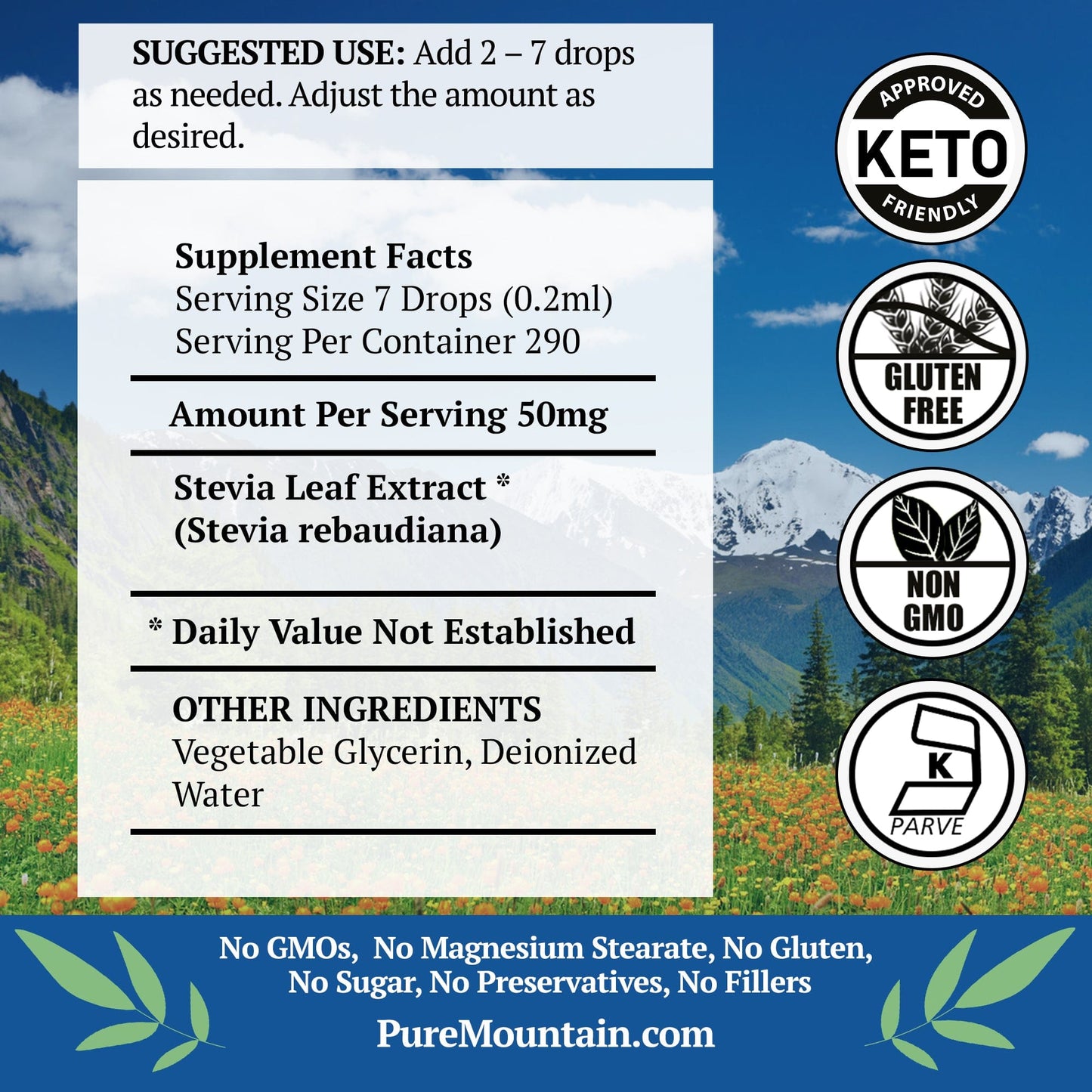 Pure Mountain Botanicals Sugar Substitute Liquid Stevia Drops – Alcohol Free and Kosher Sugar Substitute - Glass Bottle