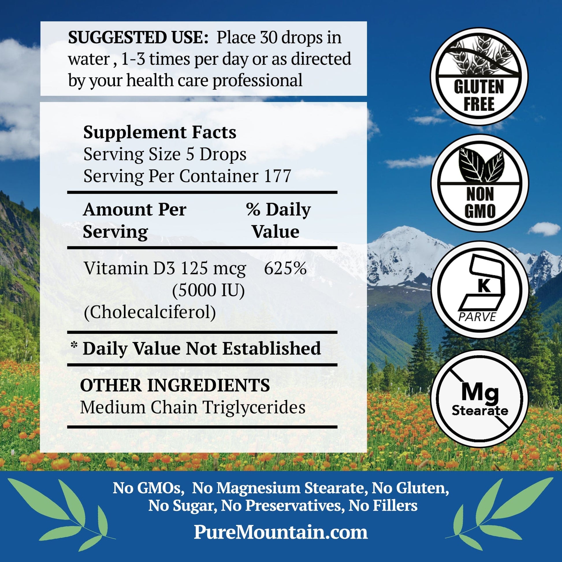 Pure Mountain Botanicals Vitamin Liquid Vitamin D Drops - Unflavored Kosher D3 Liquid - 5000 IU per serving