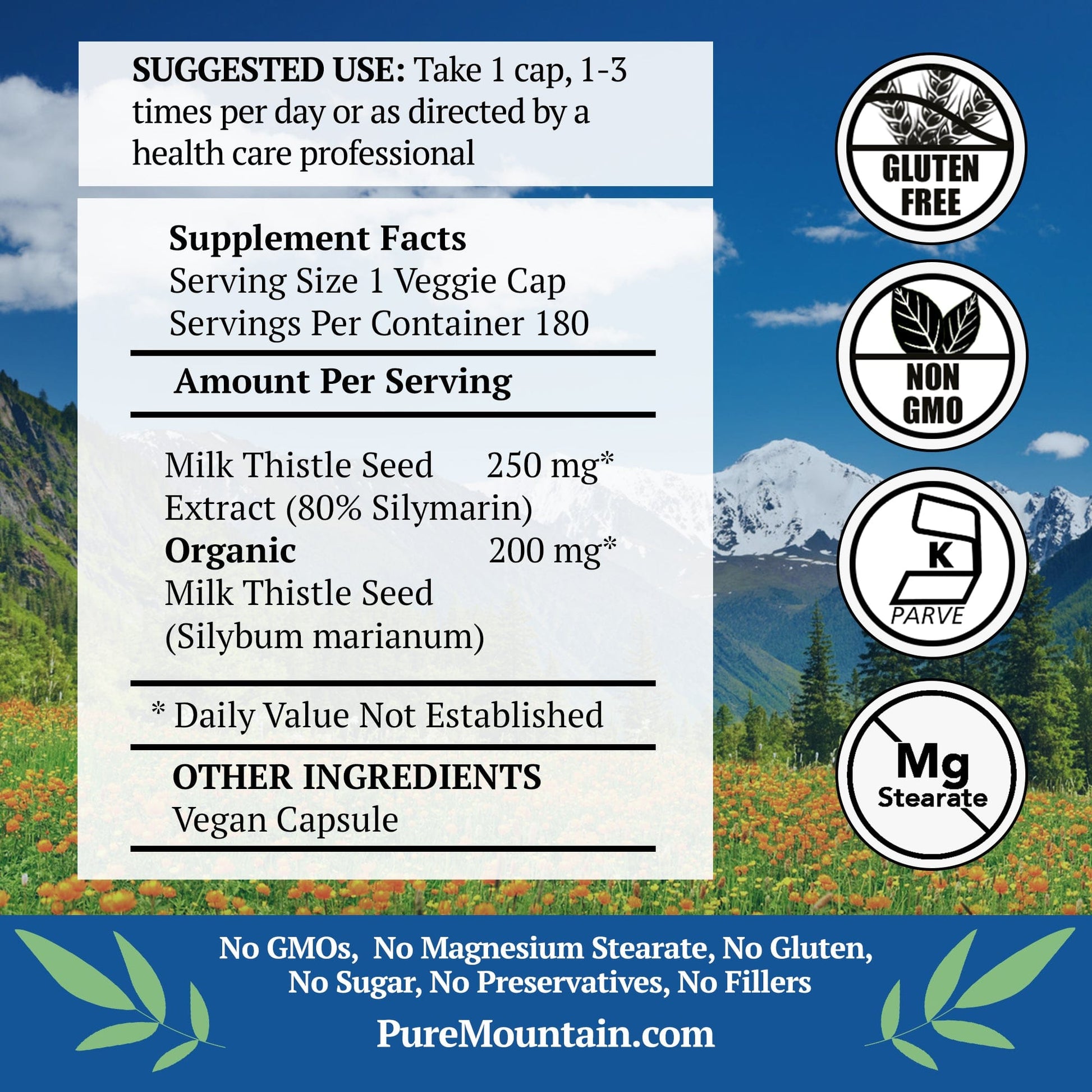 Pure Mountain Botanicals Supplement Milk Thistle Capsules -  Organic Kosher Veggie Caps - 450 mg Milk Thistle