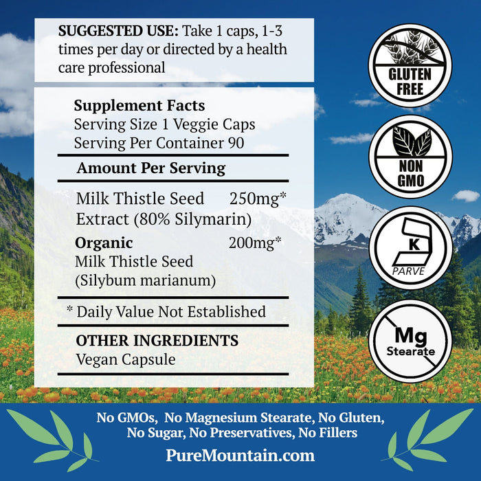 Pure Mountain Botanicals Supplement Milk Thistle Capsules -  Organic Kosher Veggie Caps - 450 mg Milk Thistle