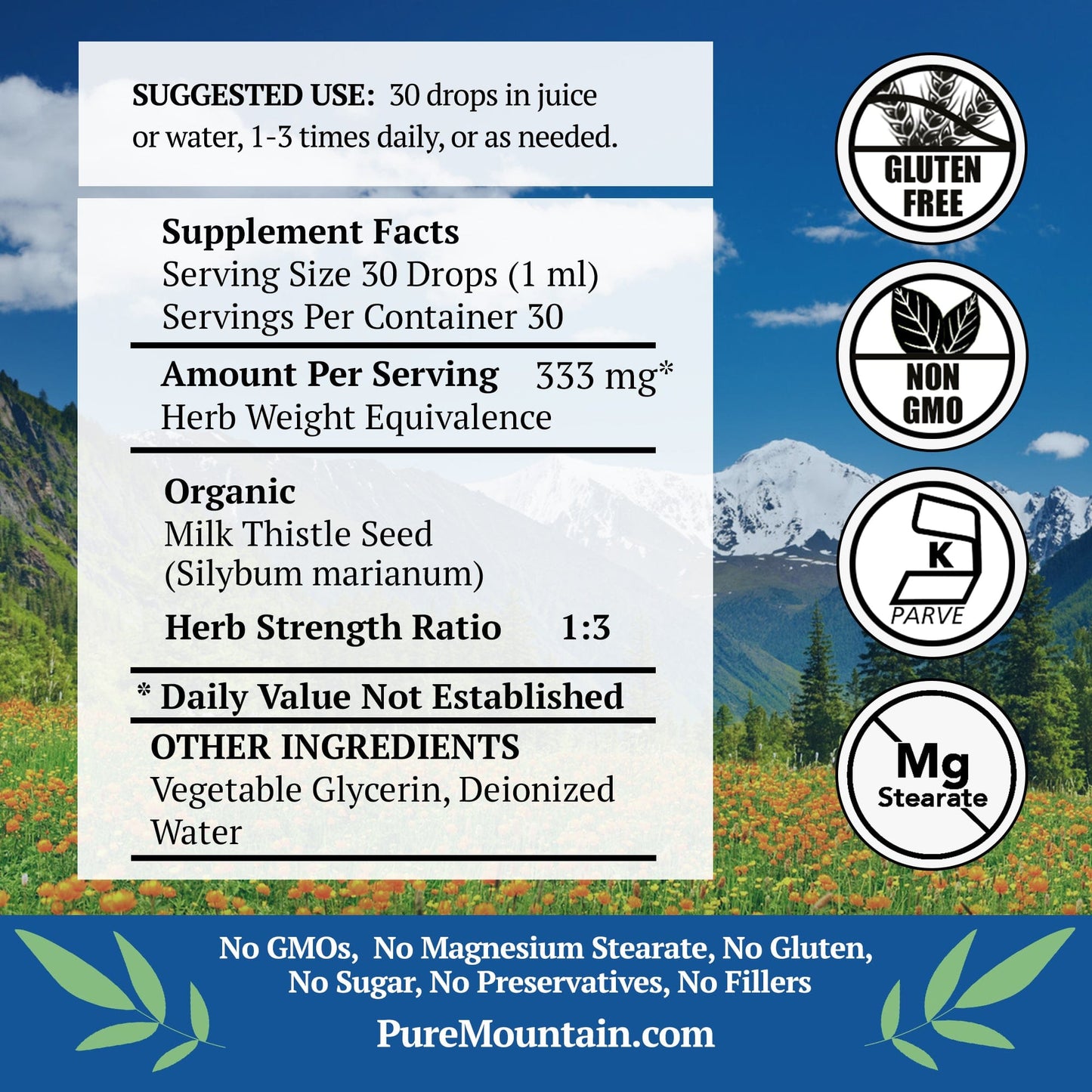 Pure Mountain Botanicals Supplement Milk Thistle Extract  - Made with 333mg Organic Milk Thistle Tincture - 1 Fl Oz Bottle