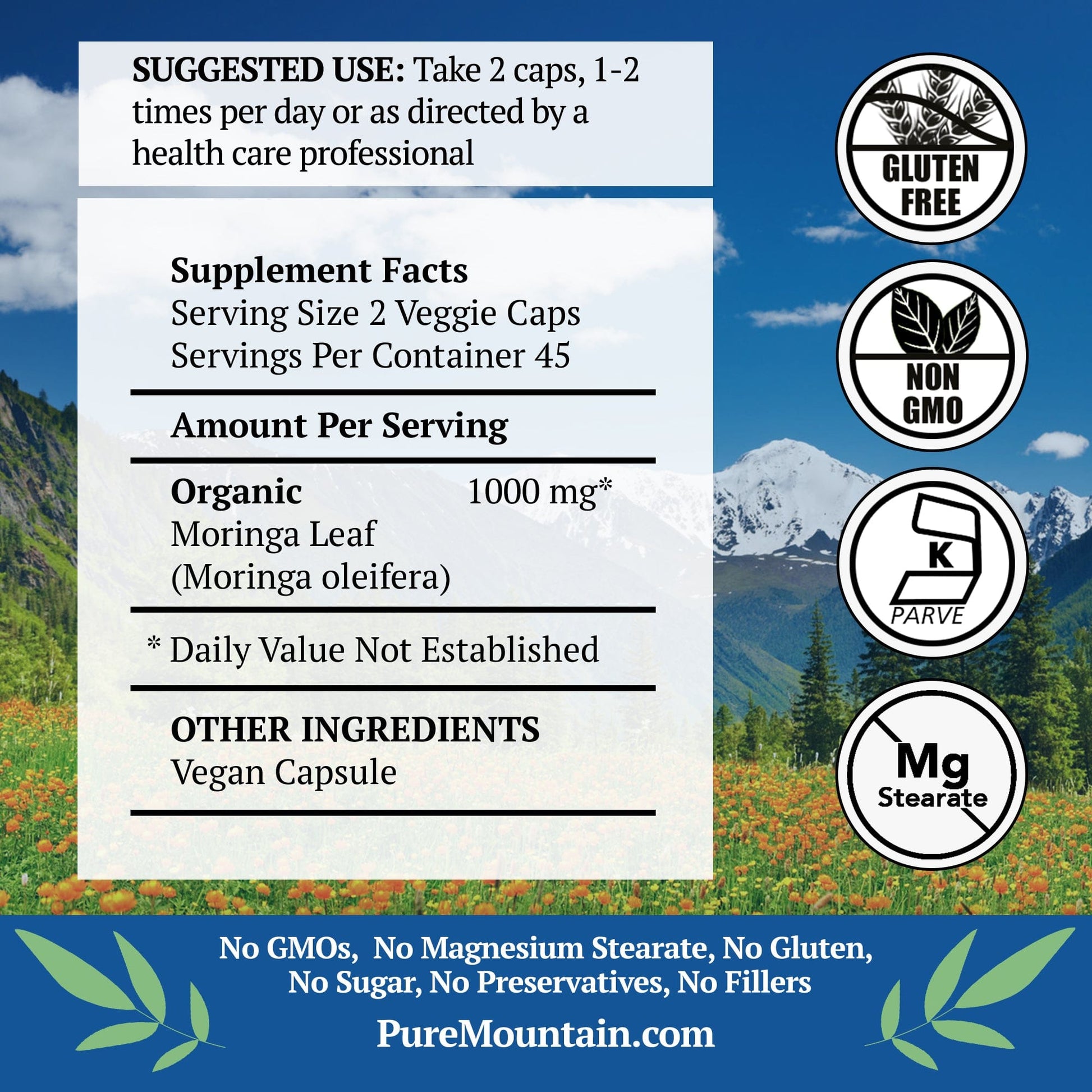 Pure Mountain Botanicals Supplement Moringa Capsules made with 1000mg Organic Moringa Powder