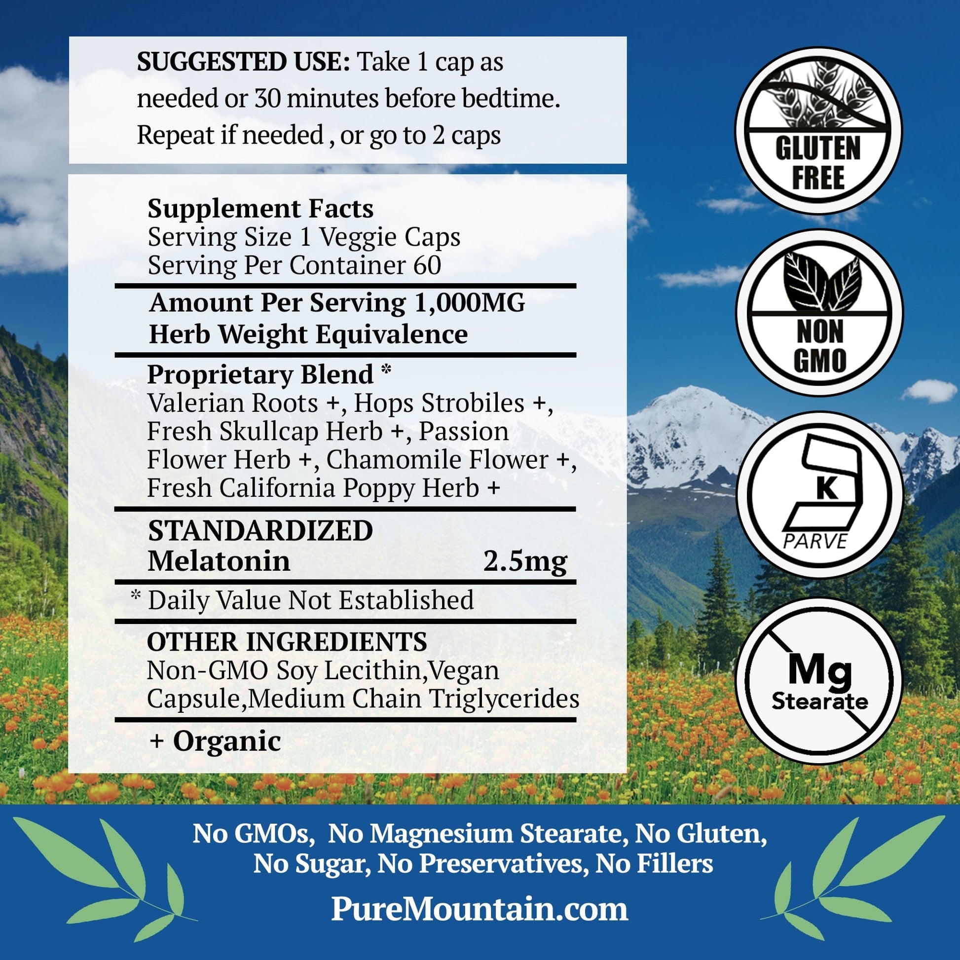 Pure Mountain Botanicals Supplement Natural Sleep with Valerian, Chamomile, Melatonin & More