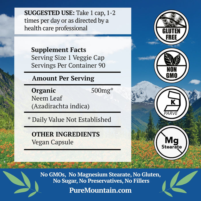 Pure Mountain Botanicals Supplement Neem Capsules - 90 Kosher Vegetarian Caps with 500mg Organic Neem Leaf