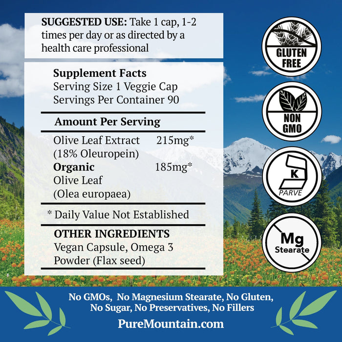 Pure Mountain Botanicals Supplement Olive Leaf Capsules - 90 Kosher Veggie Caps