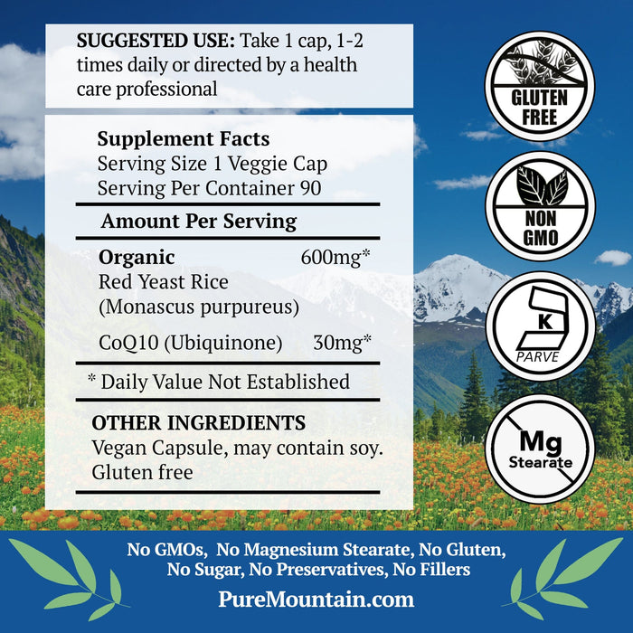 Pure Mountain Botanicals Supplement Red Yeast Rice with CoQ10 - 90 Kosher Veggie Caps with 600mg Organic Red Yeast Rice