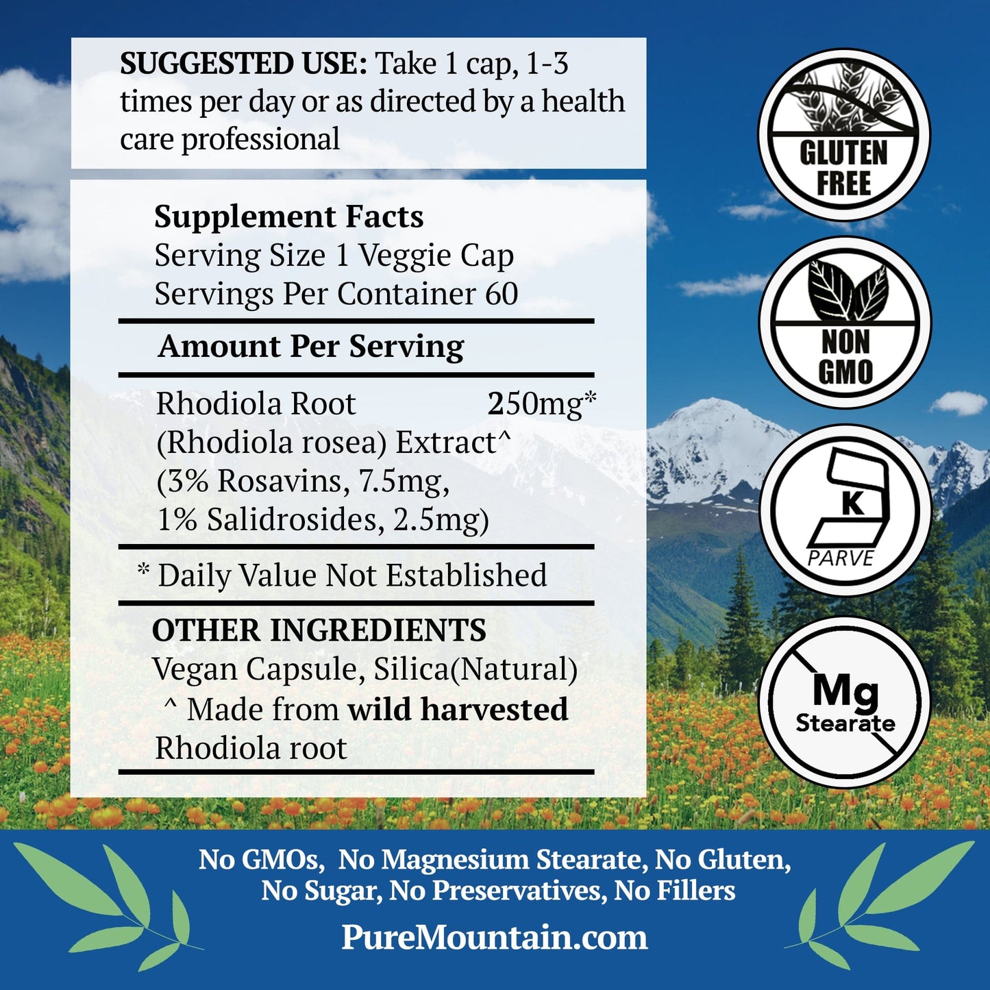 Pure Mountain Botanicals Supplement Rhodiola Rosea Supplement - 60 Kosher Vegan Capsules with 250mg Rhodiola Root Extract