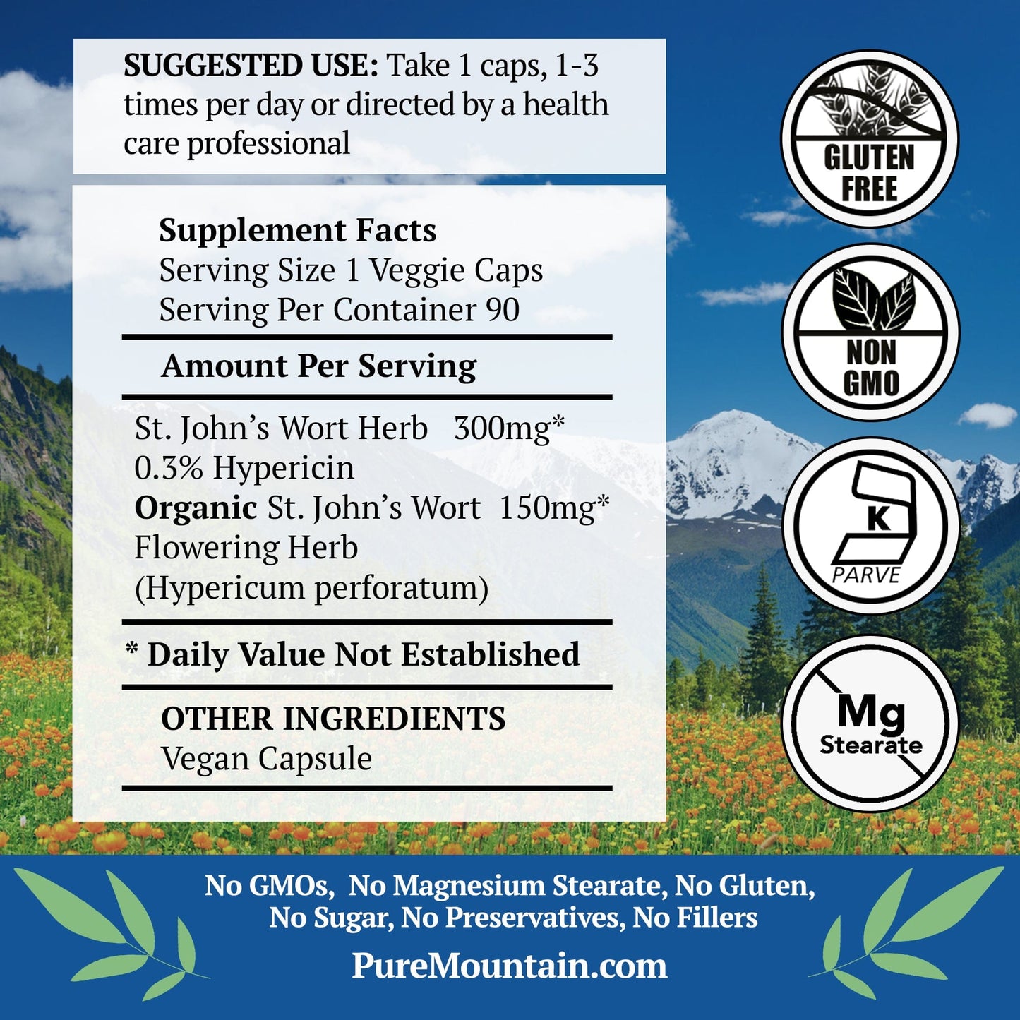 Pure Mountain Botanicals Supplement St John's Wort - 90 Kosher Veggie Capsules