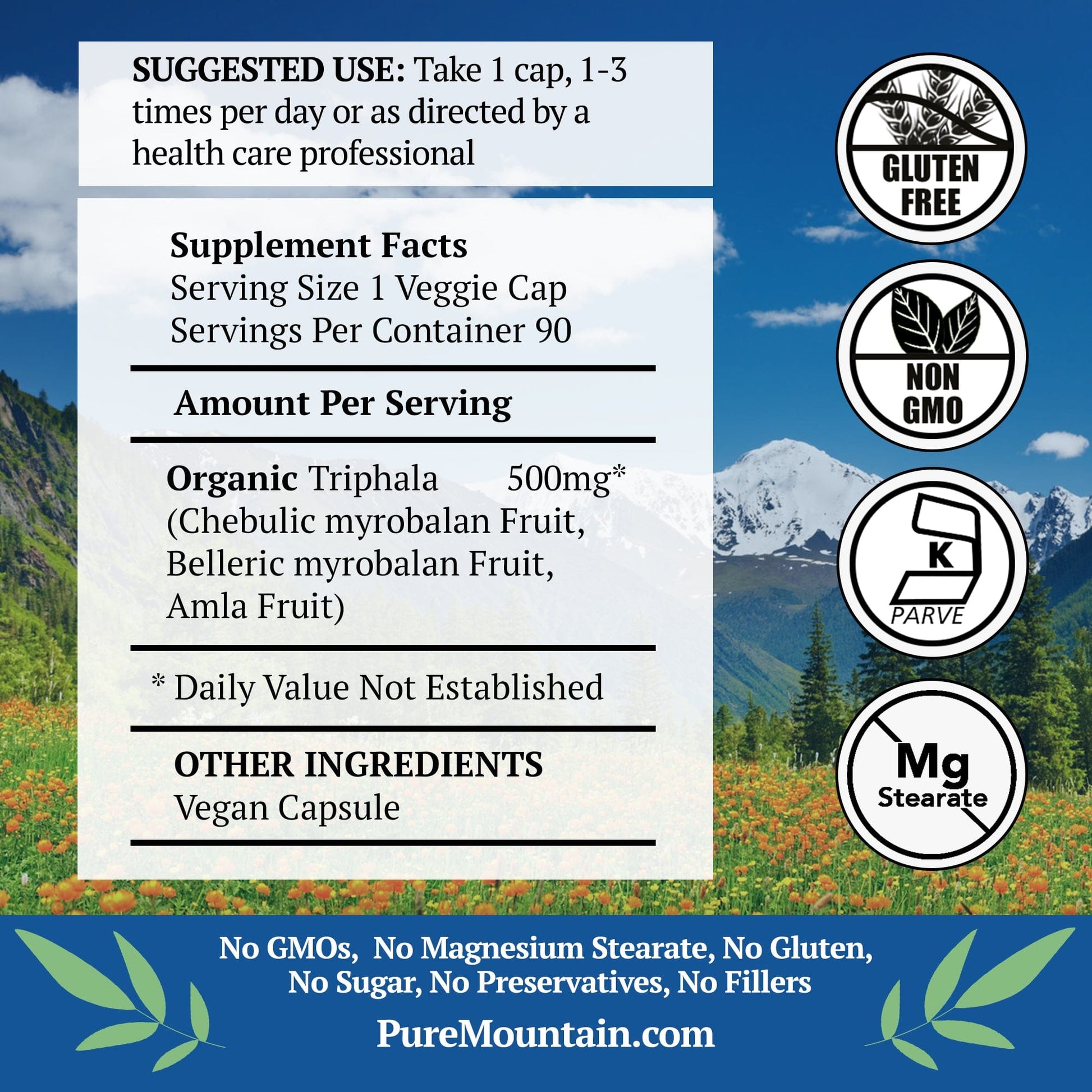 Pure Mountain Botanicals Supplement Triphala Capsules - 90 Kosher Veggie Caps with 500mg Organic Triphala Powder