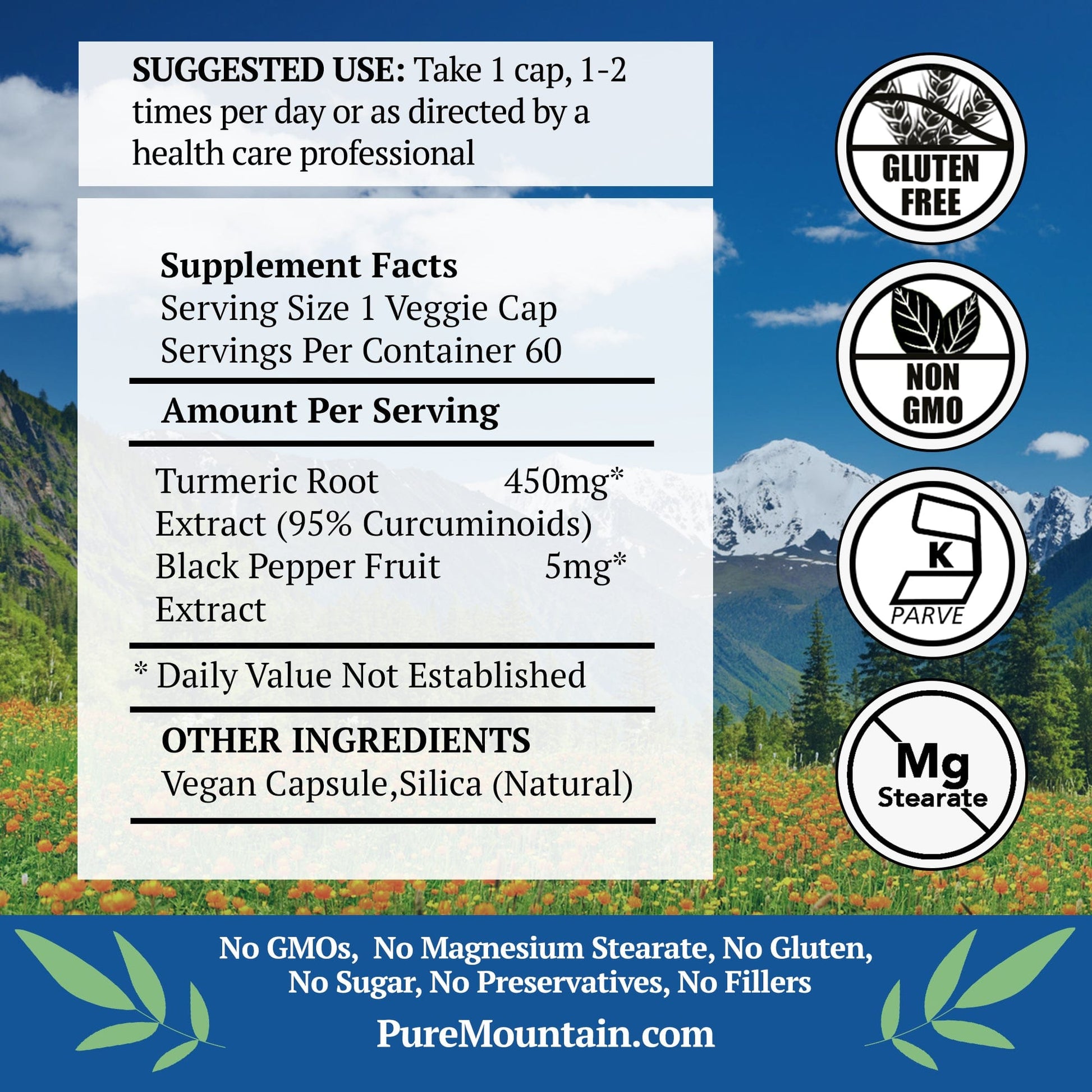 Pure Mountain Botanicals Supplement Turmeric with Black Pepper Extract - 60 Kosher Veggie Capsules