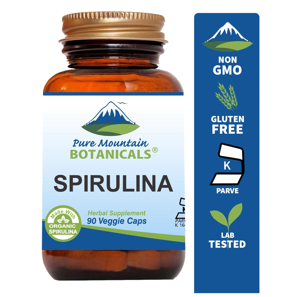 Pure Mountain Botanicals Supplement Spirulina Capsules - 90 Kosher Veggie Caps with 450mg Organic Spirulina