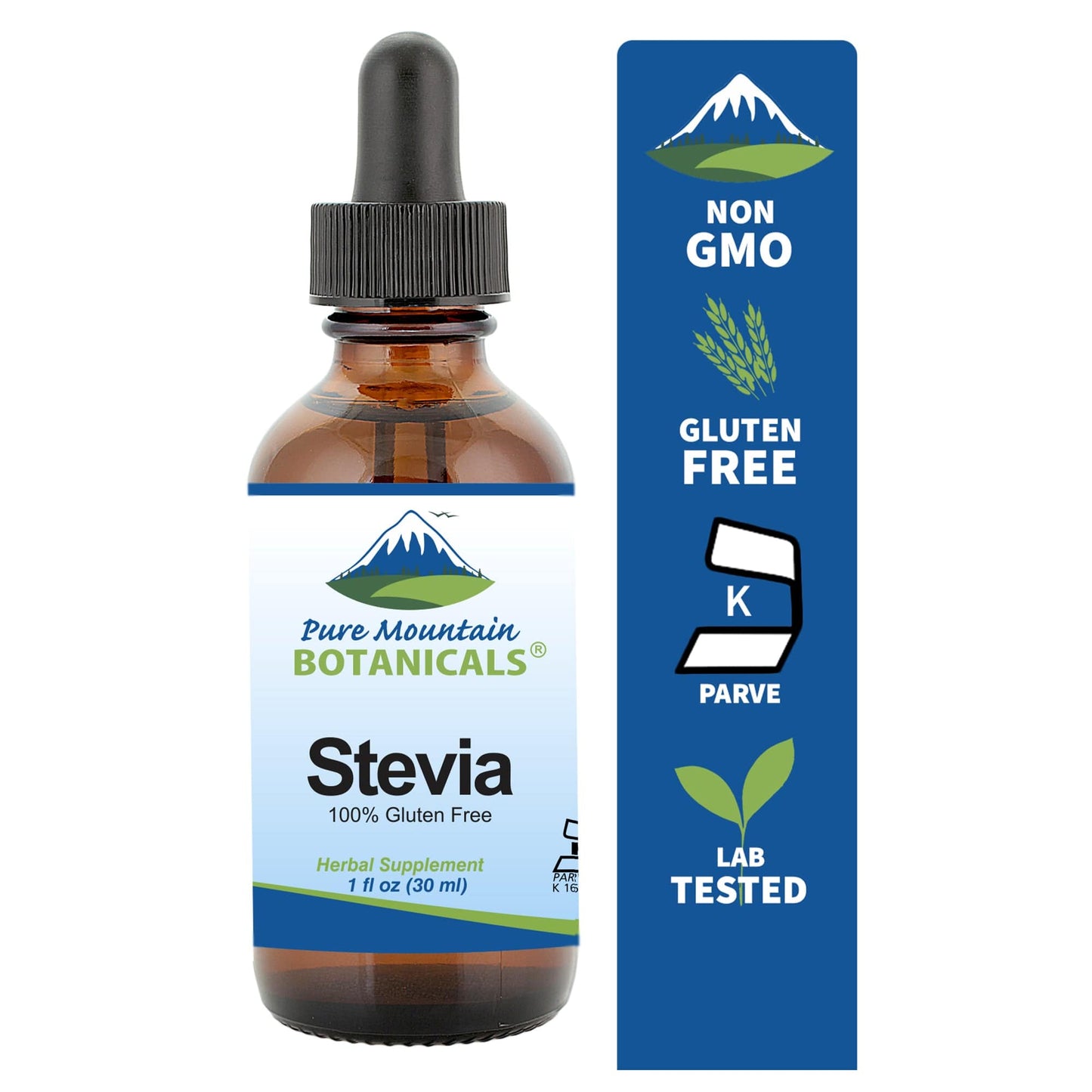 Pure Mountain Botanicals Sugar Substitute Liquid Stevia Drops – Alcohol Free and Kosher Sugar Substitute - Glass Bottle