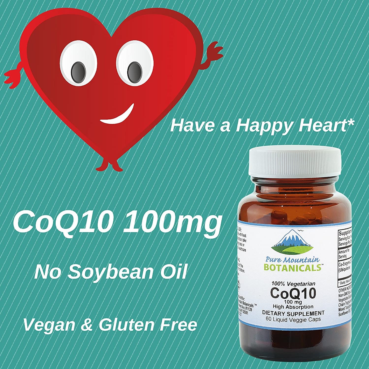 Pure Mountain Botanicals Supplement CoQ10 Plus Vitamin E - 60 Capsules Now with 100mg Coenzyme Q10