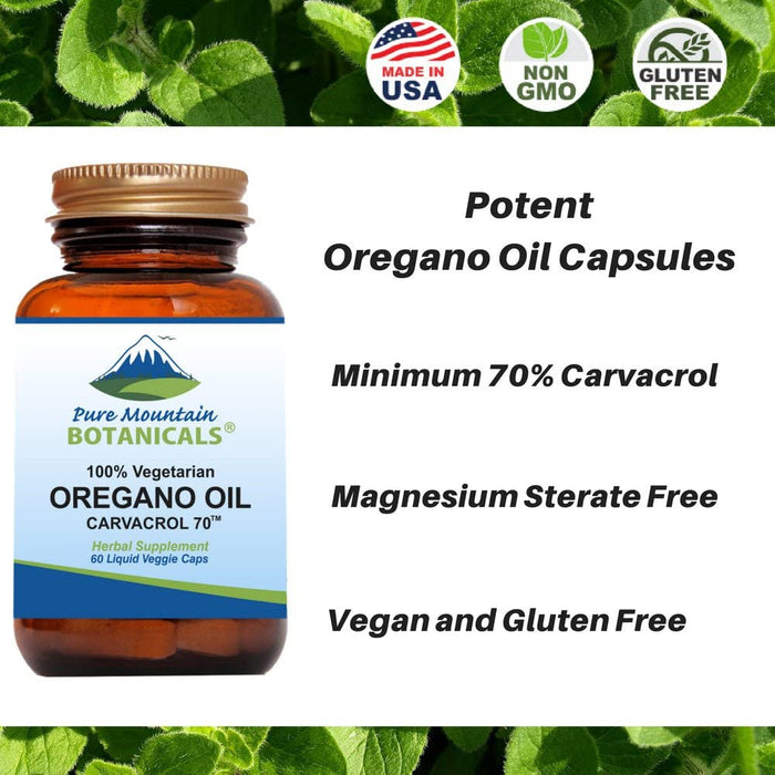 Pure Mountain Botanicals Supplement Oregano Oil Capsules - Vegan Caps – Now with 510mg Mediterranean Oil of Oregano