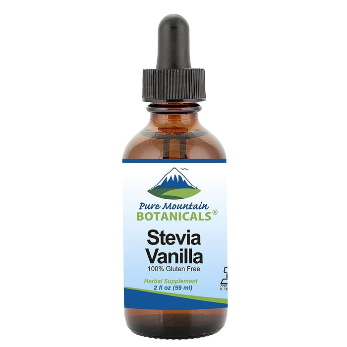 Pure Mountain Botanicals Sugar Substitute Vanilla Flavored Liquid Stevia Drops – Alcohol Free and Kosher Sugar Substitute - 2oz Glass Bottle